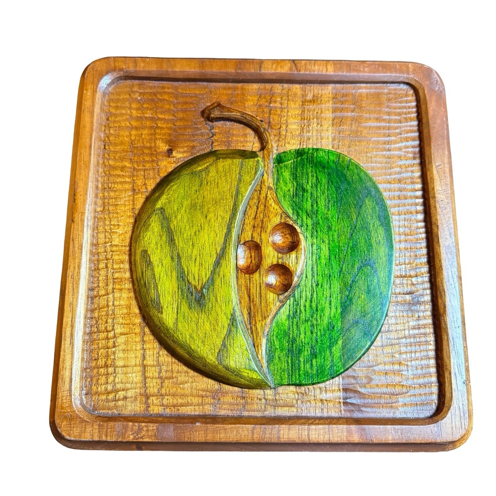 Vintage Wood Green Apple Trivet Wall Plaque 9" Brown Hand Carved Rustic Decor